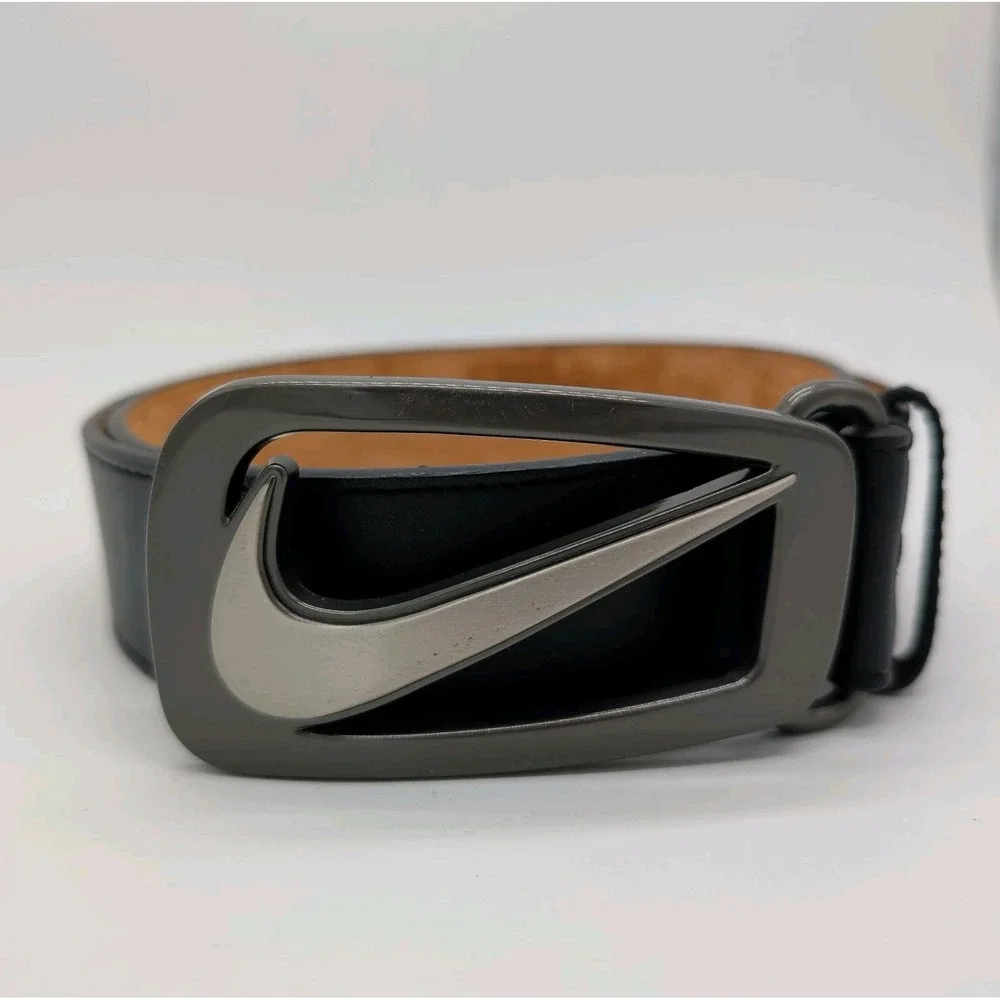 Nike Golf Grip Tech Belt Black Genuine Leather Big Swoosh Metal Buckle Mens 34